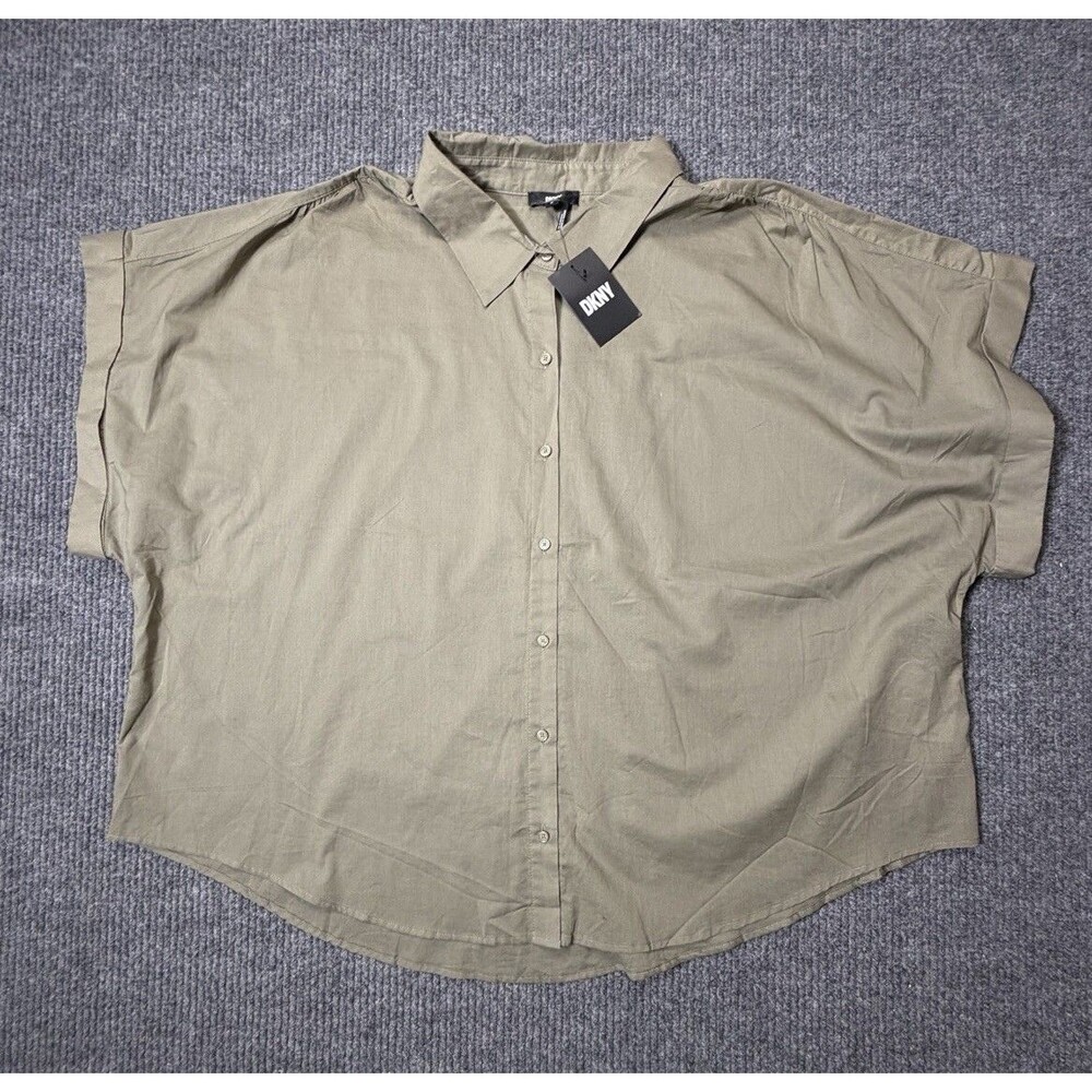 DKNY Button Up Shirt Blouse Women Plus Size 3X Green Lightweight 100% Cotton NEW